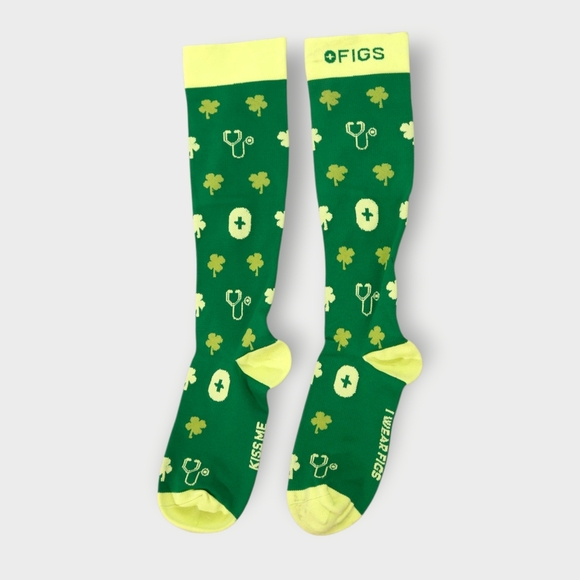 FIGS Compression Socks Lucky 4 Leaf Clover Green One Size Padded Socks - Picture 2 of 8